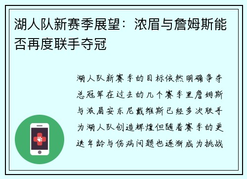 湖人队新赛季展望：浓眉与詹姆斯能否再度联手夺冠
